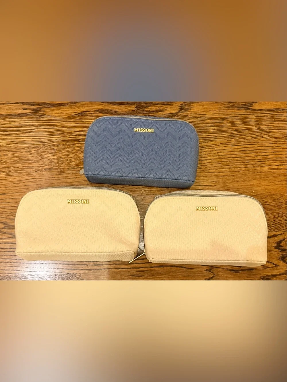 Missoni Chevron Pattern Blue and creme Cosmetic Bag Set x3